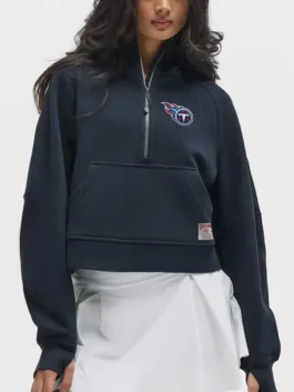 Front view of the navy Tennessee Titans NFL lululemon relaxed fit scuba half zip pullover.