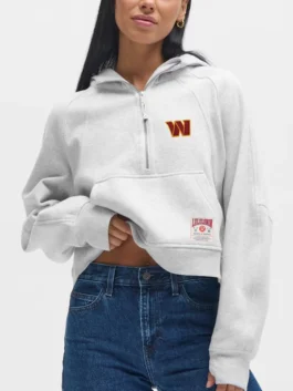Front of the heathered grey Washington Commanders NFL x lululemon fan collection scuba half zip hoodie.