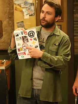 wears his military-style charlie kelly green jacket in an outdoor scene from the TV show.