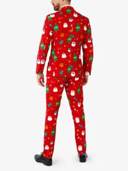 Men's Christmas suit red rear view showing the full red xmas suit pattern. This festive men christmas suit features reindeer and Christmas trees.