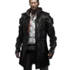 Full-body image of a male character wearing a long black cyberpunk 2077 coat with armor plating. This futuristic cyberpunk coat is a stylish samurai coat.