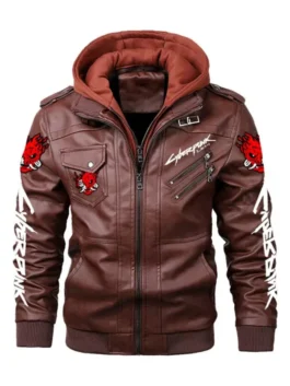 Rear view of a Brown cyberpunk 2077 jackie jacket. The back features a large white flaming Samurai logo, designed as a mens leather jacket punk Brown.
