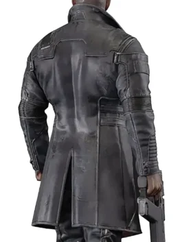 A full frontal view of the detailed Cyberpunk 2077 Solomon Reed trench coat. The black garment is known as the Solomon Reed NCBA agent coat.