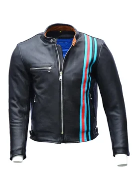 Profile shot of the tom hardy venom 2 black jacket. This is the classic Venom Leather Jacket style with zipper accents.