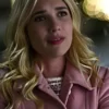 Emma Roberts in the About Fate pink coat. Close-up on Margot’s pink winter coat from the About Fate movie for fans.
