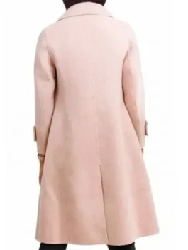 Back view of the full-length Margot About Fate pink winter coat. This is the elegant Emma Roberts pink trench coat in About Fate.
