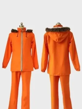 Front and back view of south park kenny jacket orange hooded set for cosplay fans