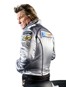 Kurt Russell wearing the Death Proof Kurt Russell Stuntman Mike Jacket with racing patches.