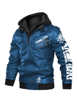 Front view of a blue hooded leather jacket cyberpunk. Includes a 'SAMURAI' chest logo, dragon shoulder art, and sleeve graphics. One of the best cyberpunk jackets.
