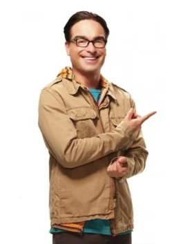Leonard Hofstadter posing in the tan leonard big bang theory parka jacket with a blue and white striped hood.