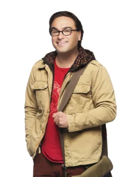 Leonard Hofstadter smiling and pointing while wearing his Big Bang Theory Leonard Jacket with a hood.
