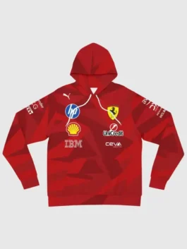 Front product shot of the lewis-hamilton-2025-las-vegas-hoodie, showcasing the red camouflage design, white drawstrings, and prominent Ferrari and sponsor branding.