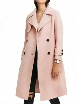 Margot About Fate pink trench coat worn by Emma Roberts. This About Fate inspired pink coat for women is a long, stylish trench.