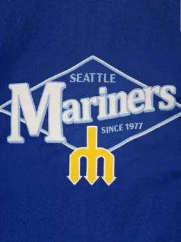 Close-up of the back logo on the mariners homestead royal jacket, showing 