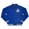 Front view of the Mariners Homestead royal jacket. Royal blue workwear style with a white Mariners "M" logo.