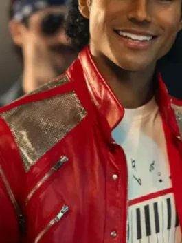 Michael Jaafar Jackson Beat It Jacket closeup highlighting professional red leather texture and luxury zipper hardware.
