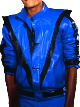 Profile view of a Michael Jackson blue leather jacket with prominent black stripes on the sleeves.