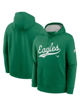 A product image featuring both the front and back views of the bright green Nike Philadelphia Eagles Rewind Club pullover hoodie side-by-side. The front view displays the "Eagles Philadelphia" script logo and small flying bird emblem.