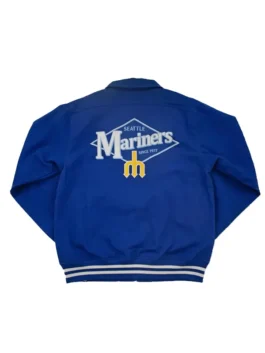 Back view of the seattle mariners homestead royal jacket. Features the large Seattle Mariners diamond logo.