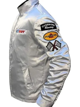 Profile shot of the stuntman mike car club jacket. Silver racing jacket with 