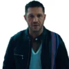 Full frontal view of the Venom 2 Eddie Brock Black Leather Jacket worn by Tom Hardy. A sleek black biker jacket.