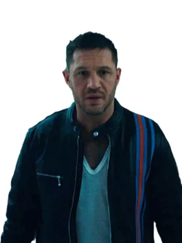 Full frontal view of the Venom 2 Eddie Brock Black Leather Jacket worn by Tom Hardy. A sleek black biker jacket.