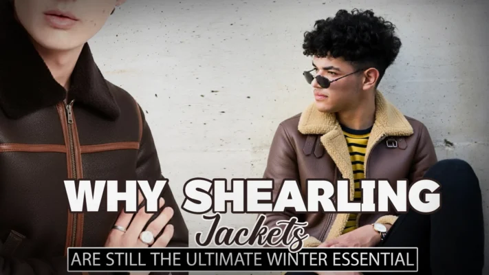 A graphic featuring men modeling brown shearling jackets, with large text reading: "WHY SHEARLING Jackets ARE STILL THE ULTIMATE WINTER ESSENTIAL."