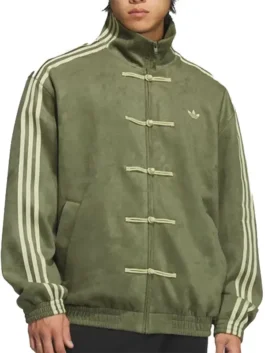 Front view of a man wearing the Men’s Green Chinese New Year Adidas Jacket 2026. This Chinese New Year Adidas Green Jacket 2026 features a stand collar and Unisex design.
