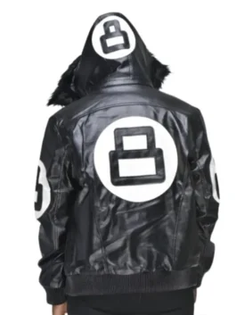 A sleek David Puddy Black Leather Jacket in a bomber silhouette with high-contrast circular graphics.