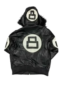 The back view of a David Puddy Black Leather Jacket showcasing the large centered 8-ball logo.