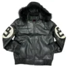A front view of the David Puddy Black Leather Jacket featuring a heavy-duty zipper and bold sleeve decals.
