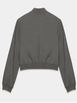Back view of a charcoal gray bomber jacket with a stand collar, clean plain back, and ribbed hem.