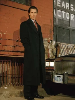 patrick bateman trench coat in a classic long-line silhouette with a sharp lapel.