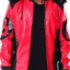 A high-angle view of a Red 8 Ball Hooded Leather Jacket featuring bold red sleeves and an integrated hood.
