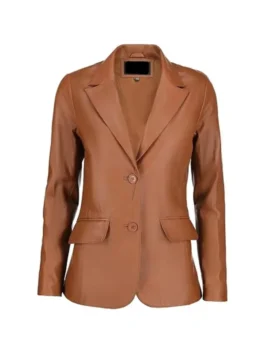 Front view of brown leather blazer with notch lapels, two-button closure, and flap pockets