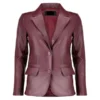 Front view of burgundy leather blazer with notch lapels, two-button closure, and flap pockets