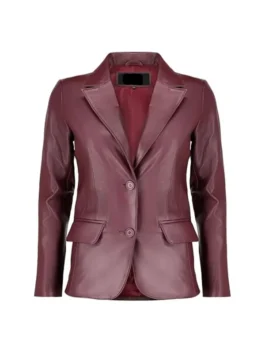 Front view of burgundy leather blazer with notch lapels, two-button closure, and flap pockets