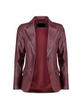 Front open burgundy leather blazer with notch lapels, two-button front, and flap pockets