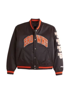 Front of a dark brown Cleveland Browns satin varsity bomber jacket with "BROWNS" across the chest and vertical numbers "50," "55," "64" on the left sleeve.