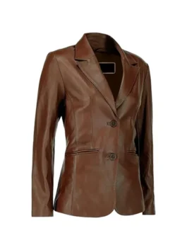 Angled view of dark brown leather blazer with notch lapels, two-button closure, and welt pockets