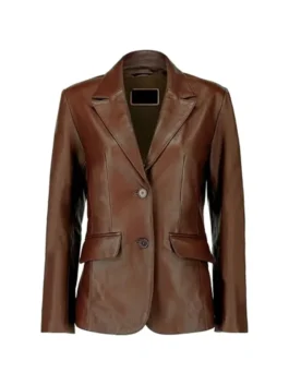 Front view of dark brown leather blazer with notch lapels, two-button closure, and pocket flaps