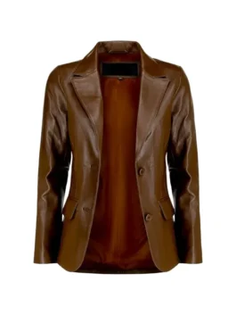 Front open dark brown leather blazer showing inner lining, notch lapels, and two-button front