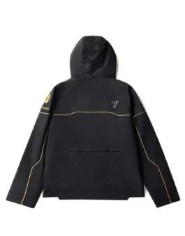 Back view of the black Destiny 2 The Final Shape Edge Raid jacket with gold piping, on a white background. Salvation’s Edge Jacket.