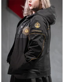 Side view of a person wearing the Destiny 2 Salvation's Edge Raid Jacket with the gold/black patch visible. Final Shape Jacket.