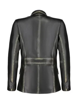 Back view of distressed black leather blazer with center seam, shaped panels, and cuff buttons