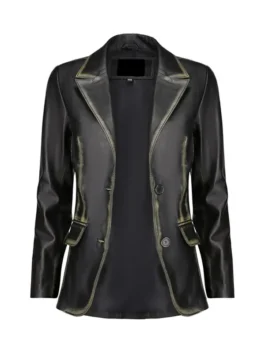 Front open distressed black leather blazer with notch lapels, contrast edge detailing, and flap pockets