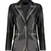 Front view of distressed black leather blazer with two-button closure, notch lapels, and flap pockets