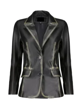 Front view of distressed black leather blazer with two-button closure, notch lapels, and flap pockets