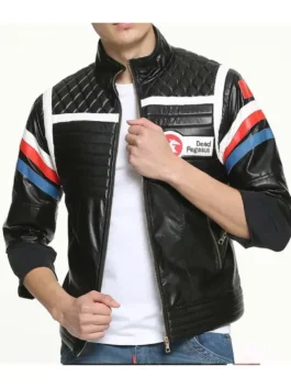 Gerard Way Killjoy Black costume jacket on a model. Black Party Poison jacket, with shoulder quilting and Dead Pegasus logo.