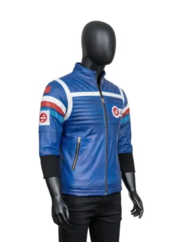Side view of Gerard Way Party Poison blue jacket on a mannequin. My Chemical Romance blue cosplay jacket with striped arm detail.